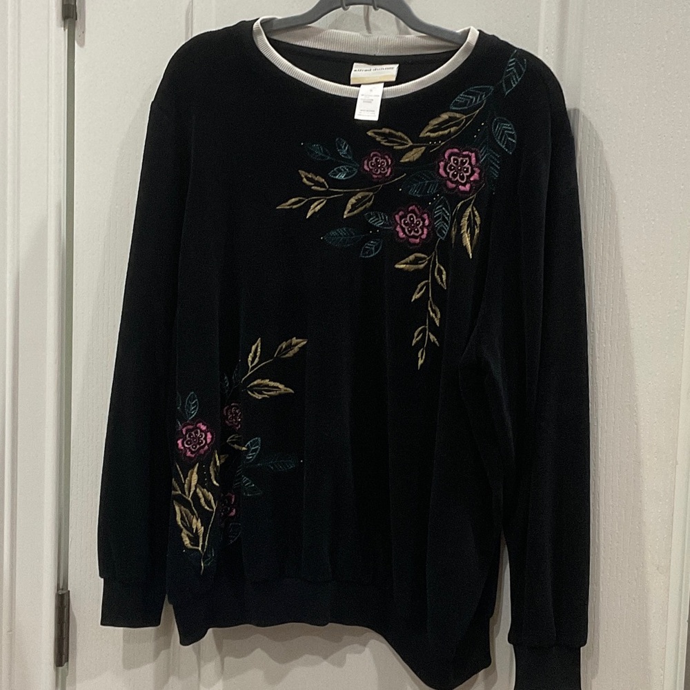 Alfred Dunner Black Sweater with Floral Embroidery